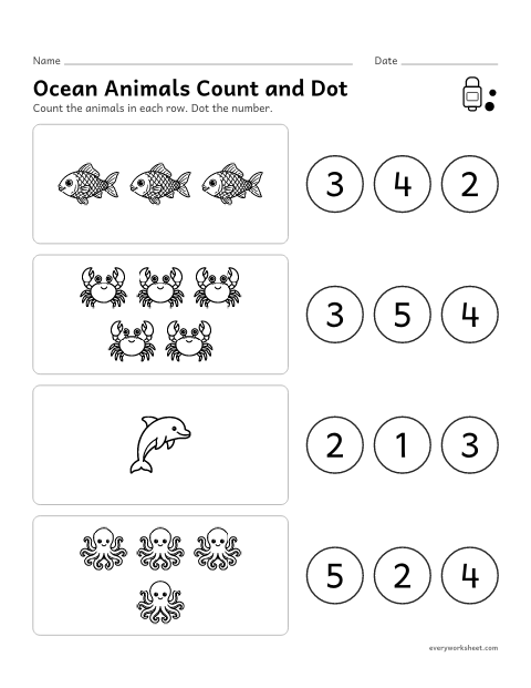 Preview of the printable “Ocean animals count and dot” worksheet: counting 1 to 5 ocean animals and finding the number
