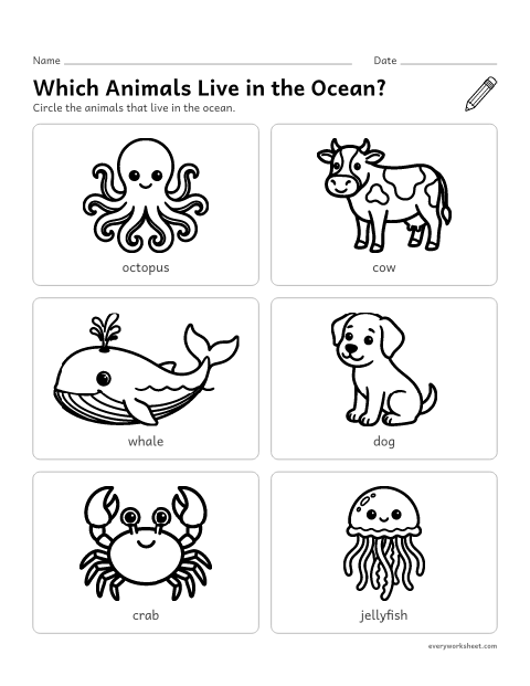 Preview of the printable “Which animals live in the Ocean?” worksheet: telling ocean animals from land animals