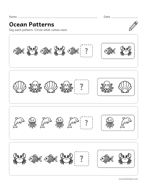 Preview of the printable “Ocean patterns” worksheet: finding what comes next in AB and ABB patterns