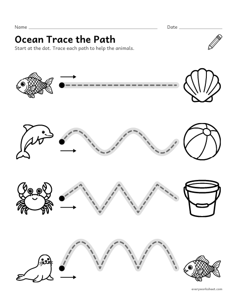 Preview of the printable “Ocean trace the path” worksheet: tracing straight, wavy and zigzag lines from left to right