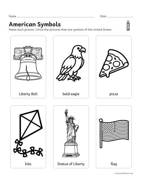 Preview of the printable “American Symbols: circle the symbols” worksheet: recognizing American symbols
