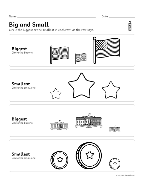 Preview of the printable “Presidents' day big and small” worksheet: comparing size: biggest and smallest