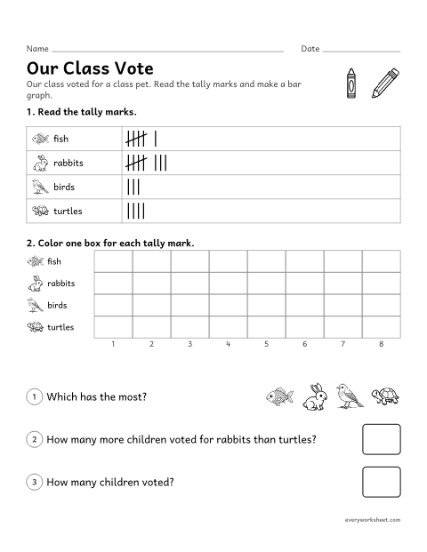 Preview of the printable “Class vote tally and bar graph” worksheet: reading tally marks, making a bar graph and comparing