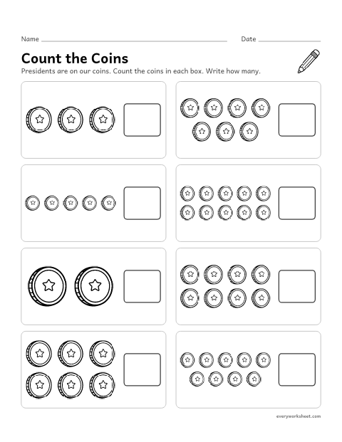 Preview of the printable “Count the Coins: Presidents' day counting” worksheet: counting up to 10 objects and writing the number