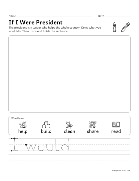 Preview of the printable “If I were president writing prompt for kindergarten” worksheet: drawing and writing to tell an idea