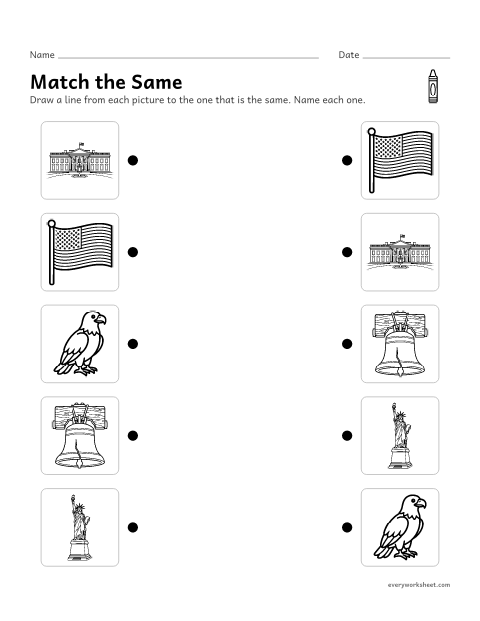 Preview of the printable “American symbols matching for preschool” worksheet: matching the same pictures and naming American symbols