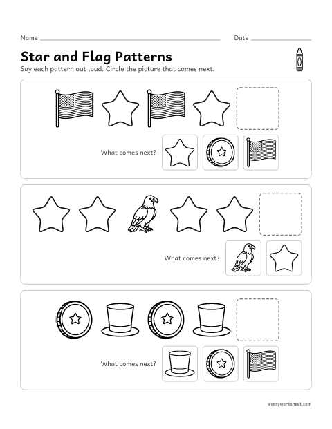 Preview of the printable “Presidents' day Patterns: what comes Next?” worksheet: finishing AB and AAB picture patterns