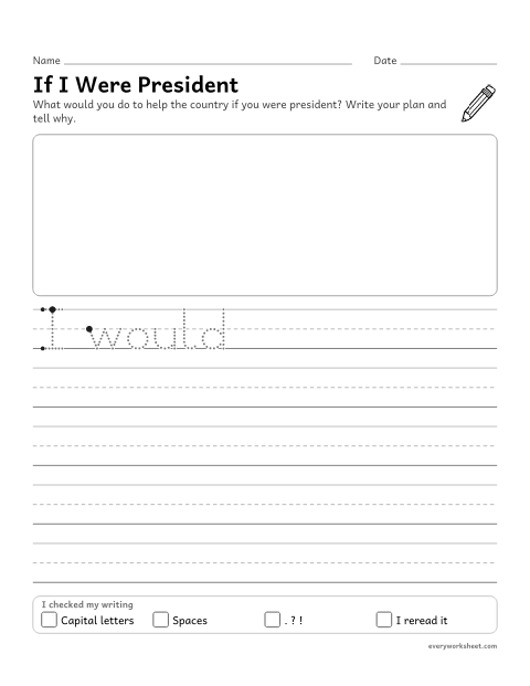 Preview of the printable “If I were president writing prompt for 1st grade” worksheet: writing an opinion with reasons