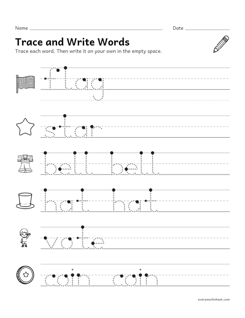 Preview of the printable “Presidents' day word tracing for kindergarten” worksheet: tracing and writing short words