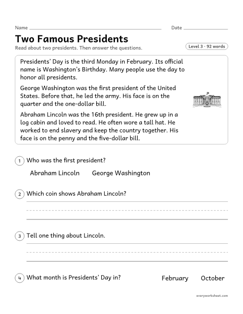 Preview of the printable “George washington and abraham lincoln reading passage” worksheet: reading a nonfiction passage and comparing two people