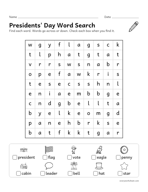 Preview of the printable “Presidents' day word search for 1st grade” worksheet: finding and reading Presidents' Day words