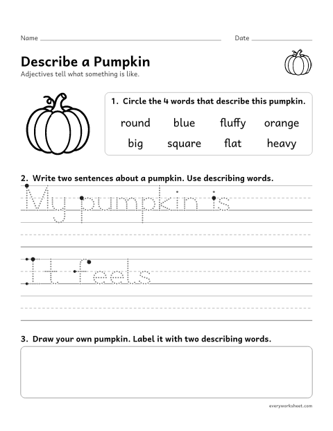 Preview of the printable “Describe a pumpkin” worksheet: choosing and using adjectives to describe a pumpkin