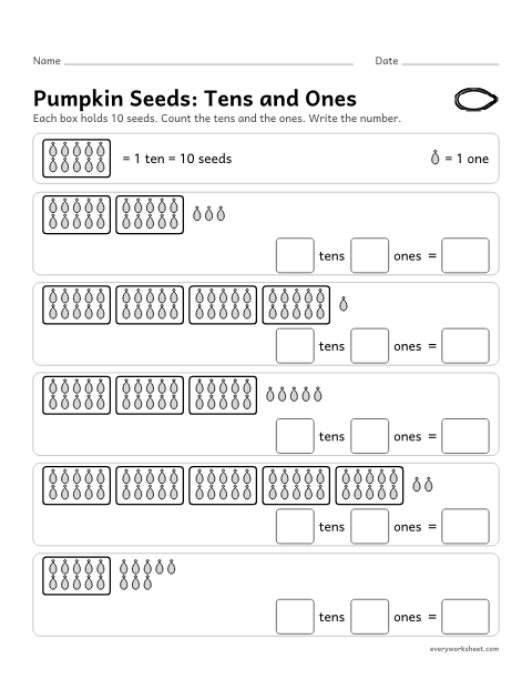 Preview of the printable “Pumpkin Seeds: tens and ones” worksheet: counting seeds as tens and ones and writing the two-digit number