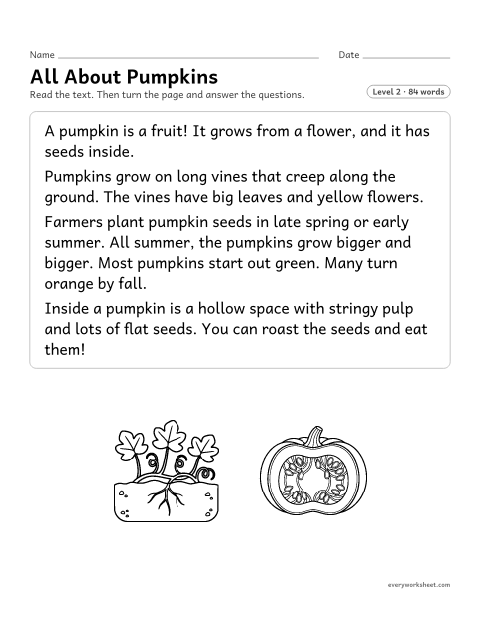 Preview of the printable “All about pumpkins” worksheet: telling the main topic and key details of a nonfiction text about pumpkins