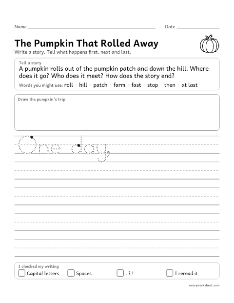 Preview of the printable “The pumpkin that rolled away” worksheet: writing an imaginative narrative with a beginning, middle and end