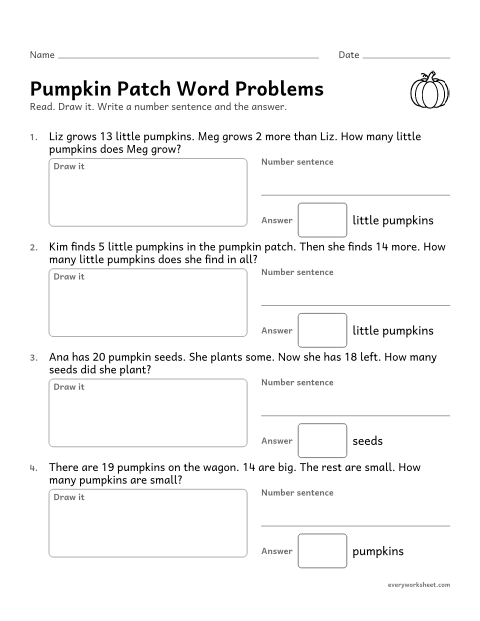 Preview of the printable “Pumpkin patch word problems” worksheet: solving pumpkin word problems within 20 with the unknown in different places