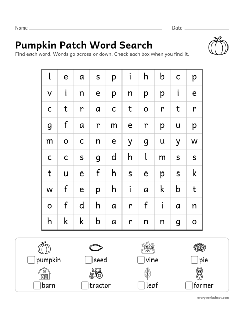 Preview of the printable “Pumpkin patch word search” worksheet: finding and reading pumpkin patch words by their spelling