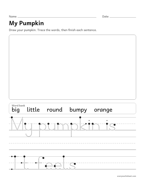 Preview of the printable “My pumpkin writing prompt” worksheet: drawing and writing to describe a pumpkin