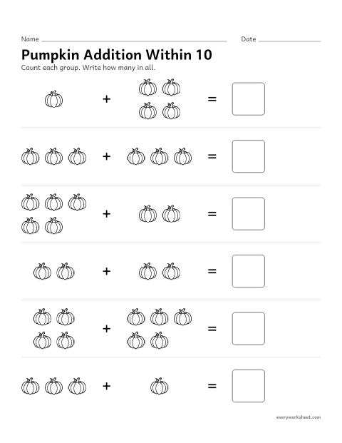 Preview of the printable “Pumpkin addition within 10” worksheet: adding two groups of pictures within 10