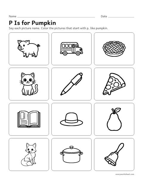 Preview of the printable “Pumpkin beginning sound P” worksheet: hearing the p sound at the start of a word