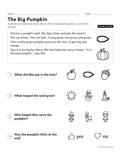 Preview of the printable “Read Aloud: the big pumpkin” worksheet: listening to a story and answering questions about key details