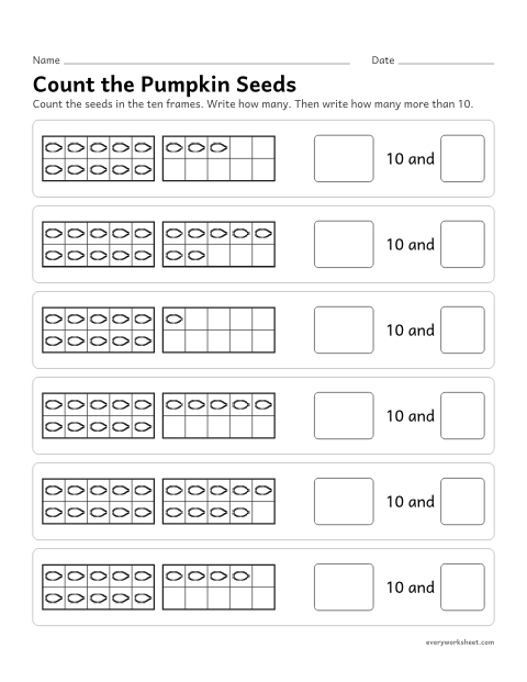Preview of the printable “Count the pumpkin seeds 11–20” worksheet: counting 11 to 19 seeds as 10 and some more
