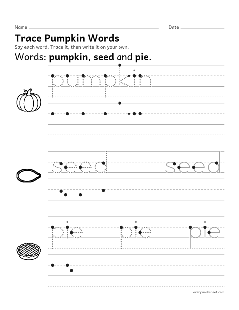 Preview of the printable “Trace pumpkin words” worksheet: tracing and writing pumpkin words