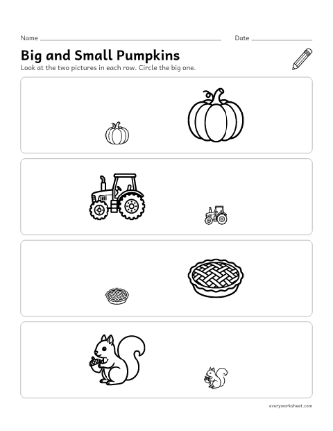 Preview of the printable “Big and small pumpkins” worksheet: comparing two pumpkin patch things by size