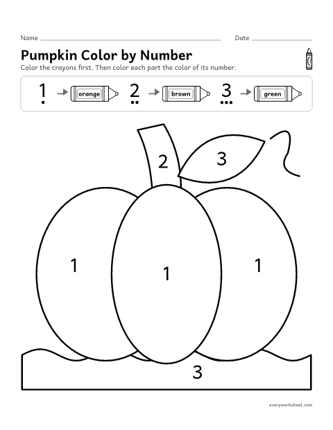 Preview of the printable “Pumpkin color by number” worksheet: reading the numerals 1 to 3 to color a pumpkin