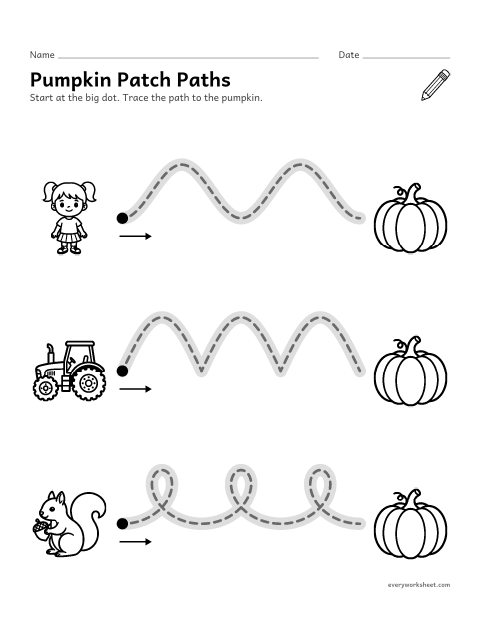 Preview of the printable “Pumpkin patch paths” worksheet: tracing curved paths: hills, arches and loops