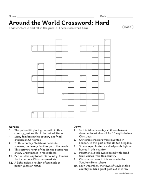 Preview of the printable “Christmas around the world Crossword: hard” worksheet: solving Christmas vocabulary clues (australia, philippines, mexico) with no word bank
