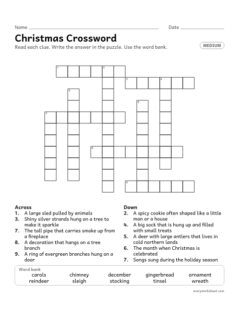 Preview of the printable “Christmas crossword (Medium)” worksheet: using definitions to work out Christmas words (ornament, wreath, stocking) in a crossword