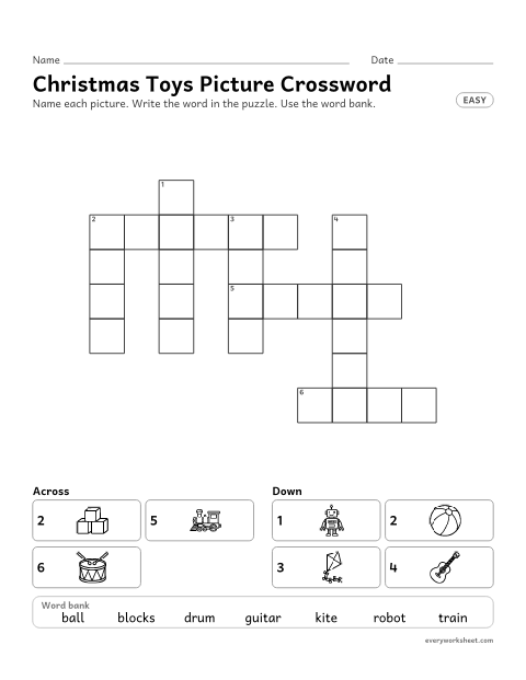 Preview of the printable “Christmas toys picture crossword (Easy)” worksheet: naming Christmas pictures and spelling the words (drum, train, robot) in a crossword