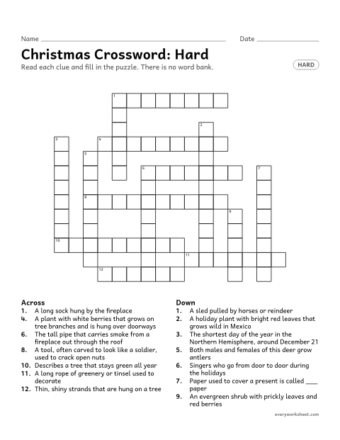 Preview of the printable “Christmas Crossword: hard” worksheet: solving Christmas vocabulary clues (mistletoe, poinsettia, nutcracker) with no word bank