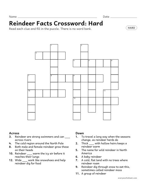 Preview of the printable “Reindeer facts Crossword: hard” worksheet: solving Christmas vocabulary clues (antlers, caribou, lichen) with no word bank
