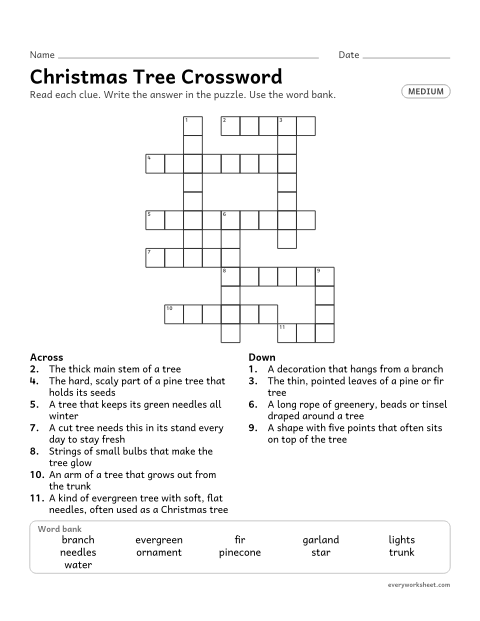 Preview of the printable “Christmas tree crossword (Medium)” worksheet: using definitions to work out Christmas words (evergreen, needles, fir) in a crossword