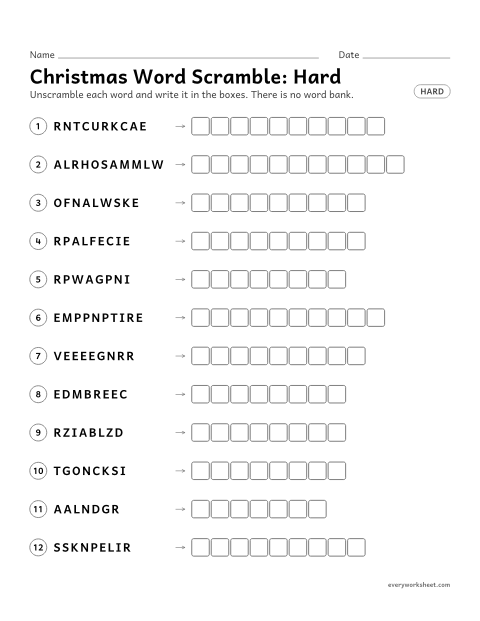 Preview of the printable “Christmas word Scramble: hard” worksheet: unscrambling and spelling Christmas words (nutcracker, marshmallow, snowflake)