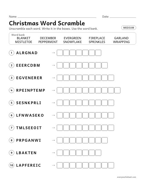 Preview of the printable “Christmas word scramble (Medium)” worksheet: unscrambling and spelling Christmas words (garland, december, evergreen)