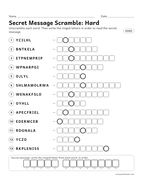 Preview of the printable “Christmas secret message word Scramble: hard” worksheet: unscrambling Christmas words to spell a secret message (chilly, blanket, peppermint)