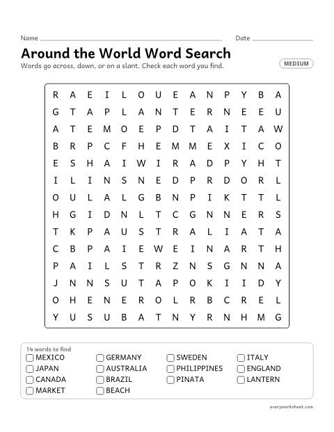 Preview of the printable “Christmas around the world word search (Medium)” worksheet: reading and finding 14 Christmas words (mexico, germany, sweden) across, down and on a slant