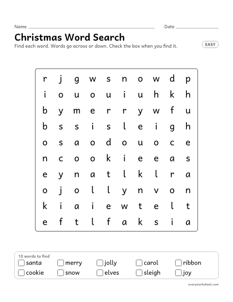 Preview of the printable “Christmas word search with a word list (Easy)” worksheet: reading Christmas words (santa, merry, jolly) and finding them across and down