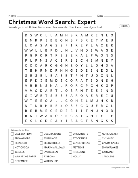 Preview of the printable “Christmas word Search: expert” worksheet: finding 26 Christmas words (celebration, decorations, ornaments) in all 8 directions, including backwards
