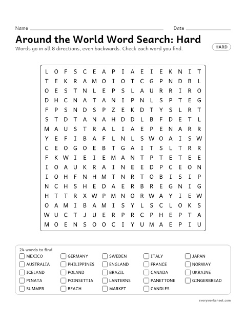 Preview of the printable “Christmas around the world word Search: hard” worksheet: finding 24 Christmas words (mexico, germany, sweden) in all 8 directions, including backwards