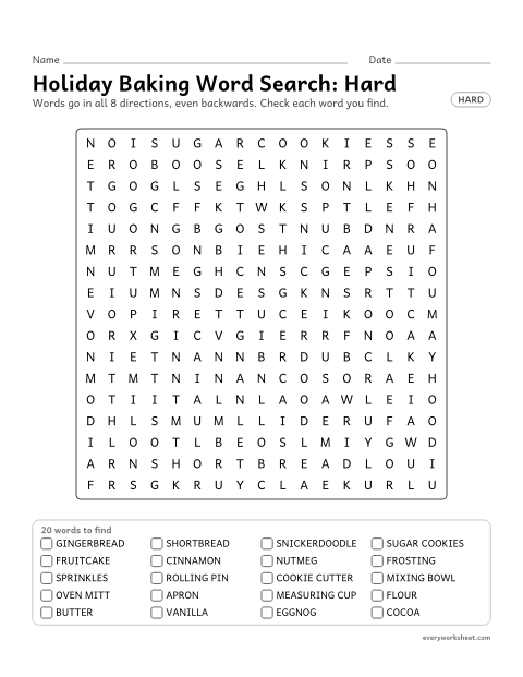 Preview of the printable “Holiday baking word Search: hard” worksheet: finding 20 Christmas words (gingerbread, shortbread, snickerdoodle) in all 8 directions, including backwards