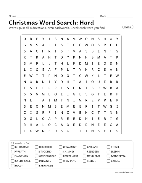 Preview of the printable “Christmas word Search: hard” worksheet: finding 22 Christmas words (christmas, december, ornament) in all 8 directions, including backwards