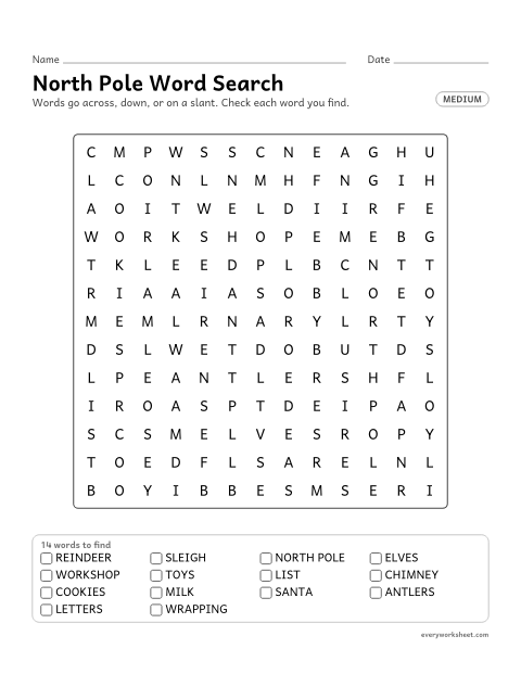 Preview of the printable “North pole word search (Medium)” worksheet: reading and finding 14 Christmas words (reindeer, sleigh, north pole) across, down and on a slant