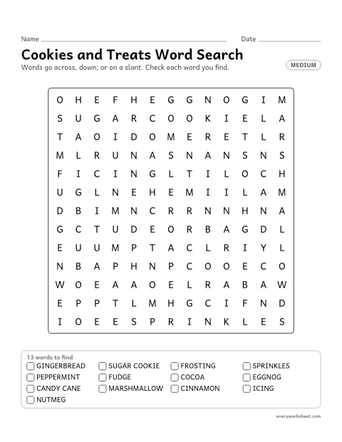 Preview of the printable “Christmas cookies and treats word search (Medium)” worksheet: reading and finding 13 Christmas words (gingerbread, sugar cookie, frosting) across, down and on a slant
