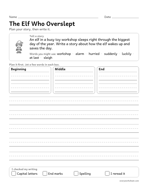 Preview of the printable “The elf who Overslept: christmas narrative writing prompt (3rd Grade)” worksheet: writing a narrative with a clear sequence of events and a satisfying ending