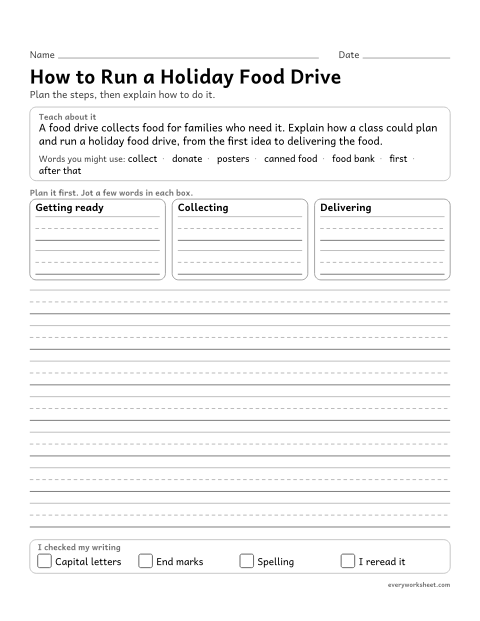 Preview of the printable “How to run a holiday food Drive: christmas informative writing prompt (4th Grade)” worksheet: writing an informative how-to piece that groups related steps and uses linking words
