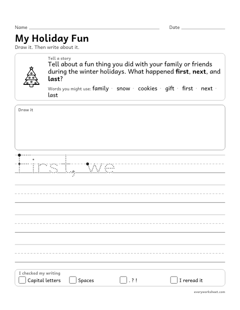 Preview of the printable “My holiday Fun: christmas narrative writing prompt (1st Grade)” worksheet: writing a narrative about a holiday event, with first, next and last